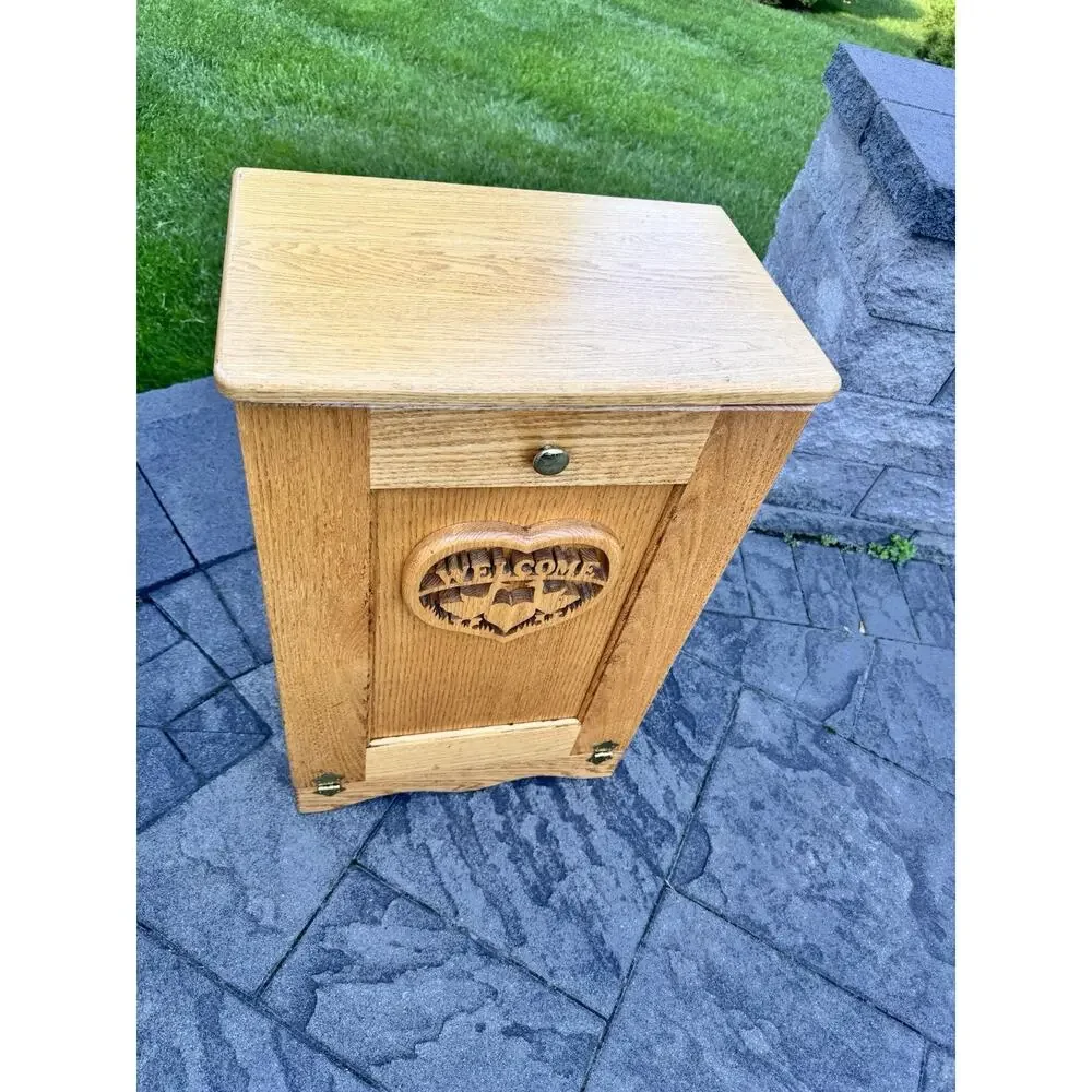 VTG Large Solid Oak Wood Hand Carved Laundry Hamper /Waste Bin H30.5xW20xD12.5”